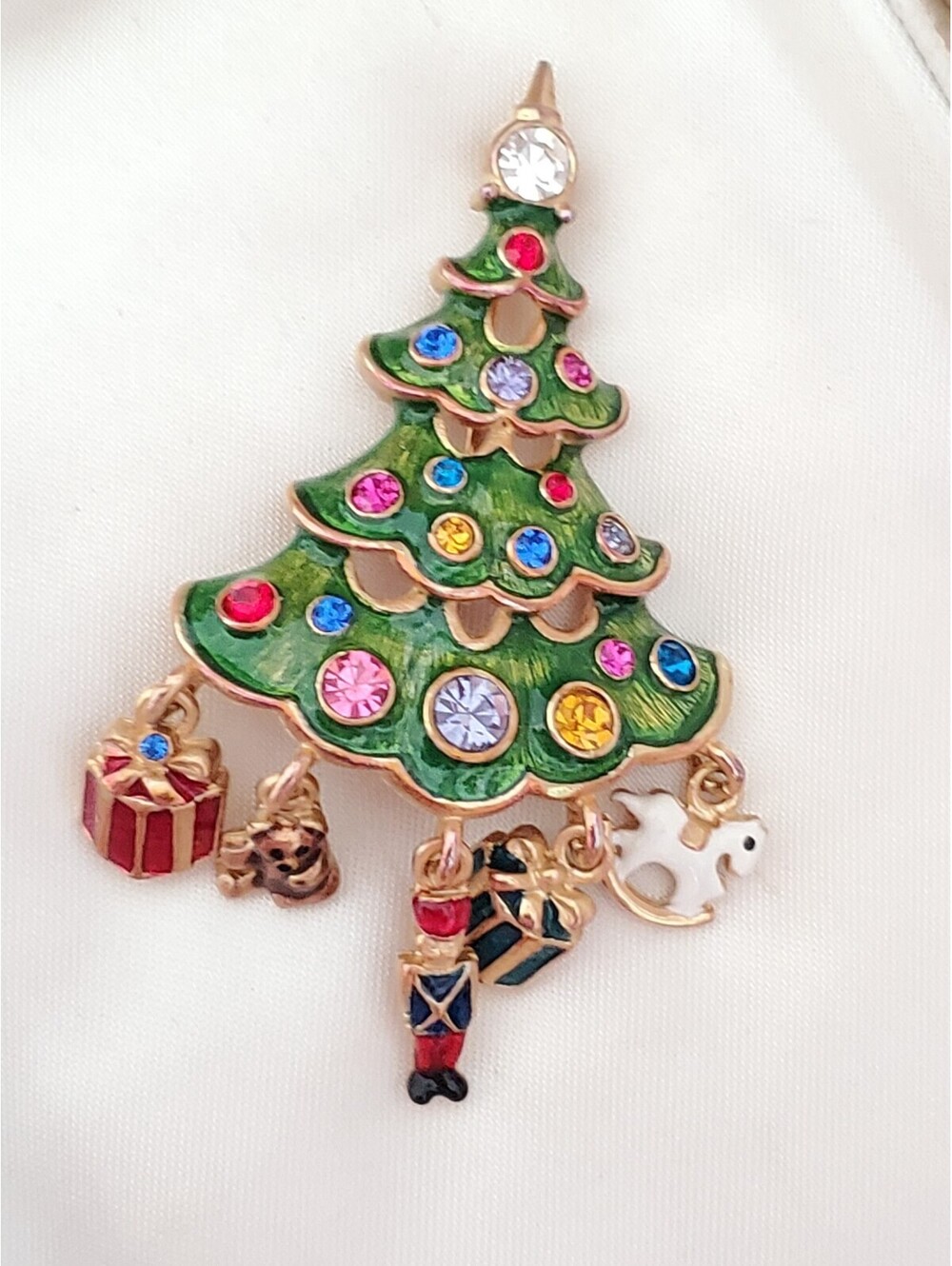 Vintage Christopher Radko Multi-color Rhinestone Dangle Christmas Brooch